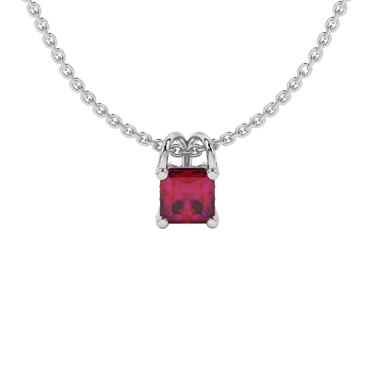 Princess raspberry red gemstone pendant, white gold pavé basket halo.