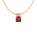 Princess raspberry red gemstone pendant, yellow gold pavé basket halo.