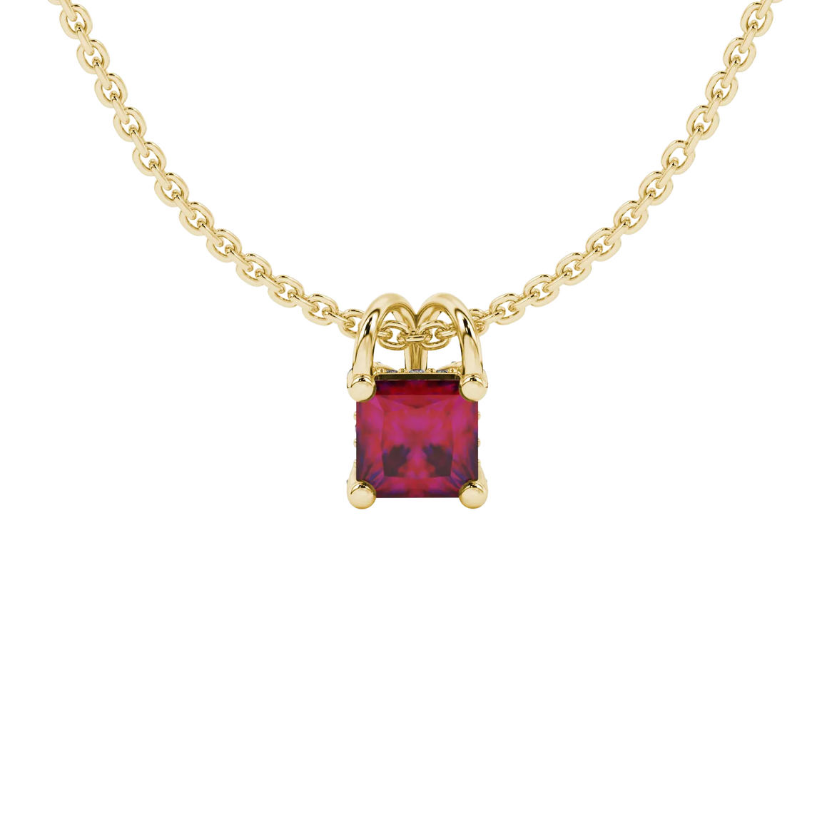 Princess raspberry red gemstone pendant, yellow gold pavé basket halo.