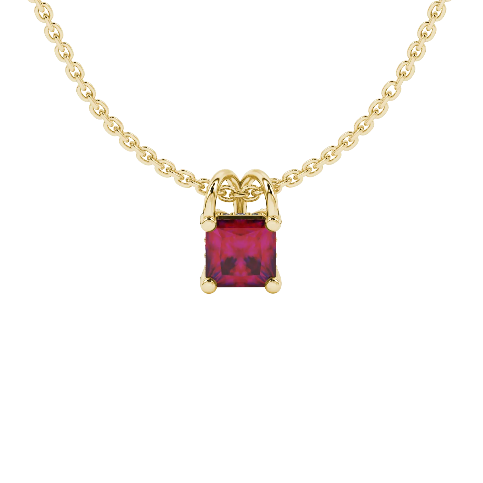 Princess raspberry red gemstone pendant, yellow gold pavé basket halo.