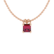 Princess raspberry red gemstone pendant, rose gold pavé basket halo.