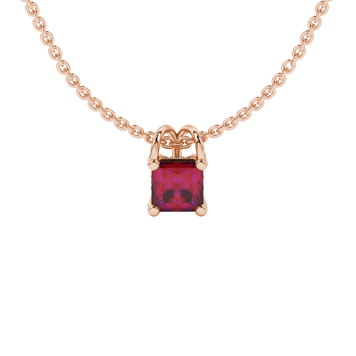 Princess raspberry red gemstone pendant, rose gold pavé basket halo.