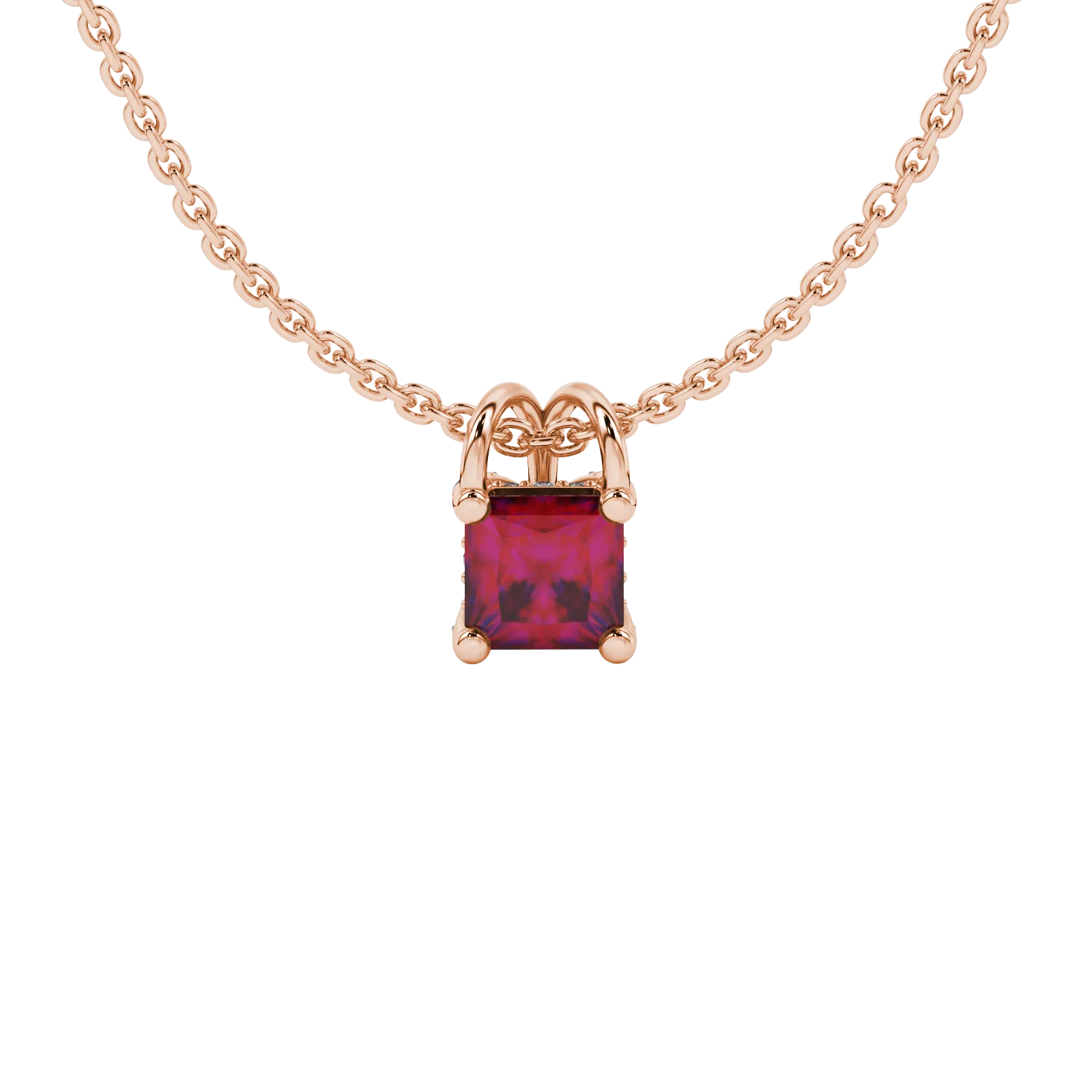 Princess raspberry red gemstone pendant, rose gold pavé basket halo.