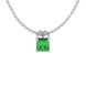 Princess emerald green gemstone pendant, white gold pavé basket halo.