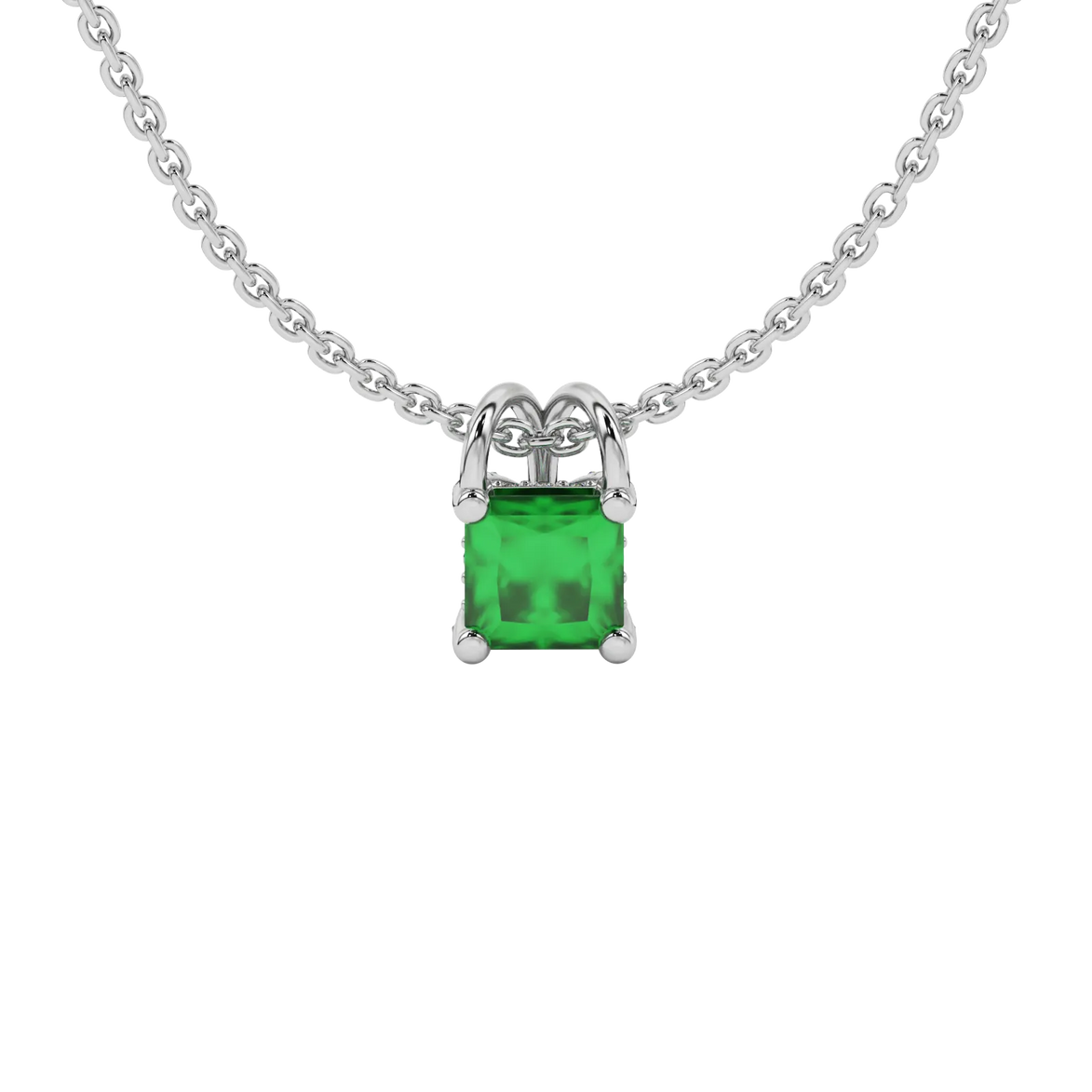 Princess emerald green gemstone pendant, white gold pavé basket halo.