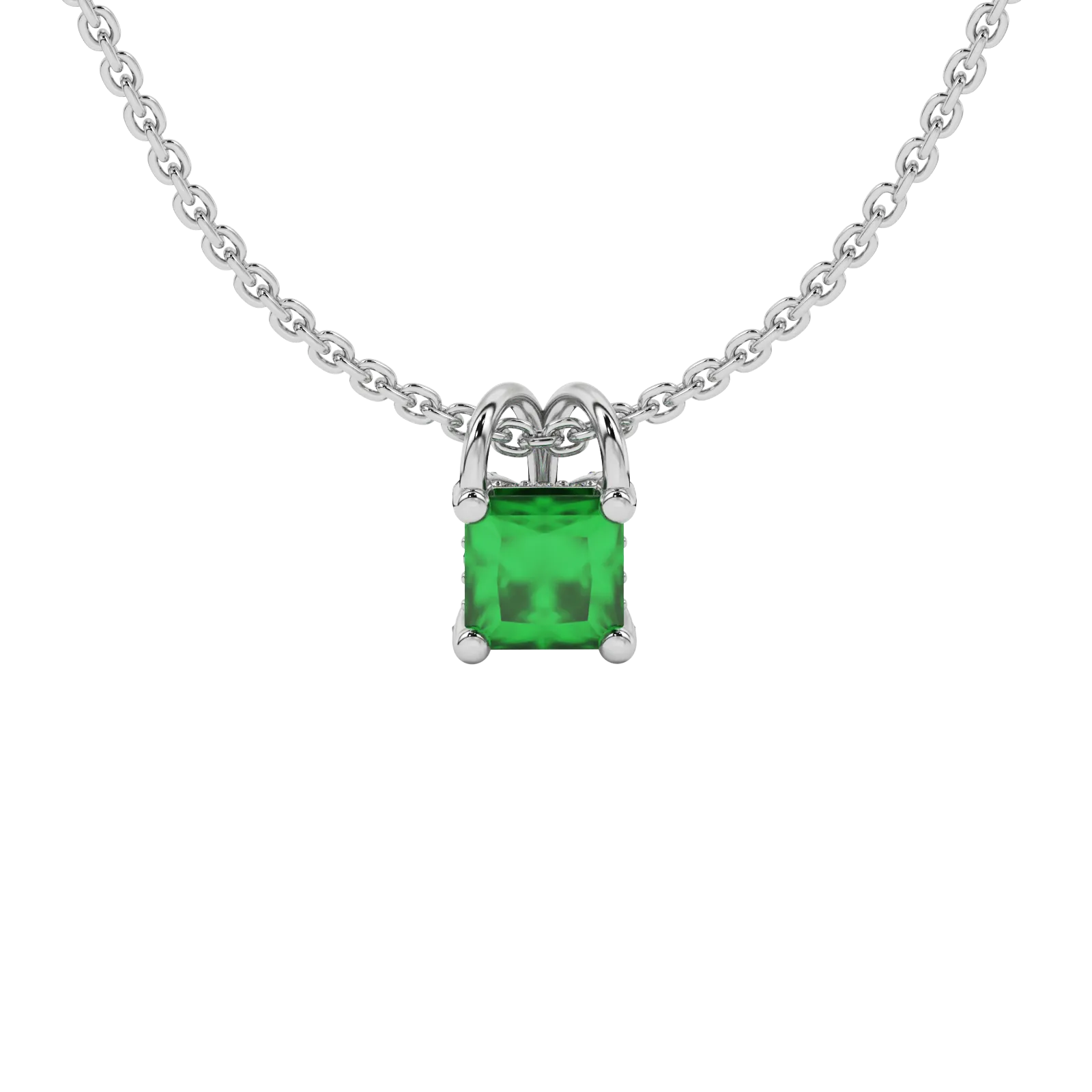 Princess emerald green gemstone pendant, white gold pavé basket halo.