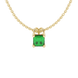 Princess emerald green gemstone pendant, yellow gold pavé basket halo.