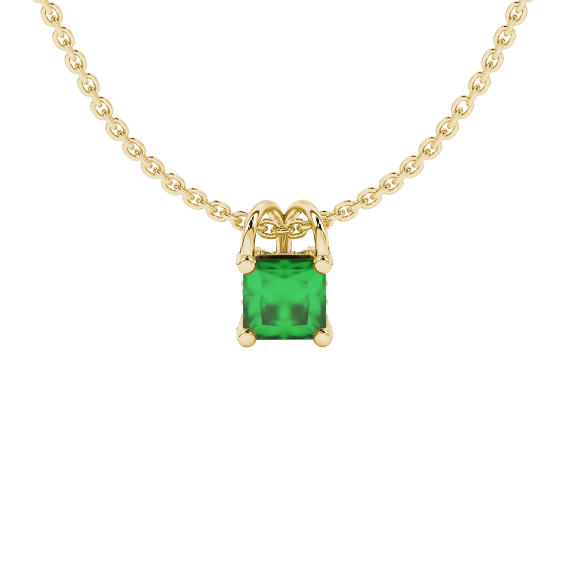 Princess emerald green gemstone pendant, yellow gold pavé basket halo.