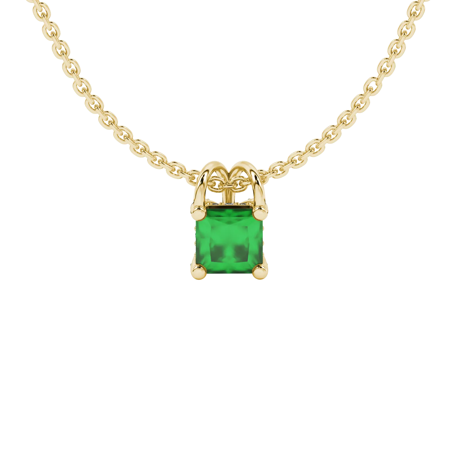 Princess emerald green gemstone pendant, yellow gold pavé basket halo.