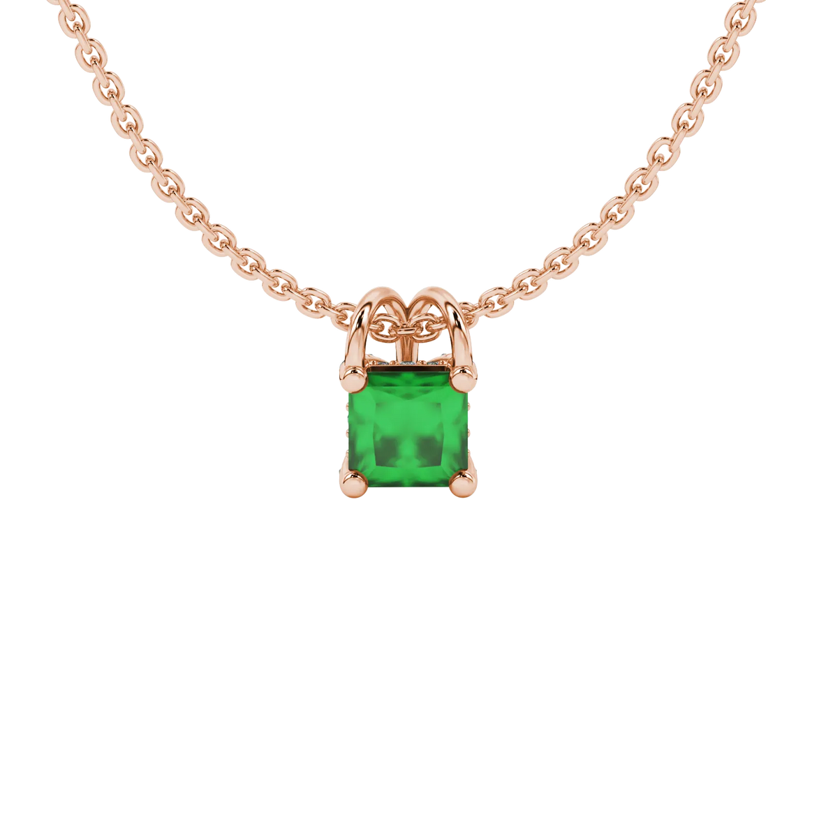 Princess emerald green gemstone pendant, rose gold pavé basket halo.