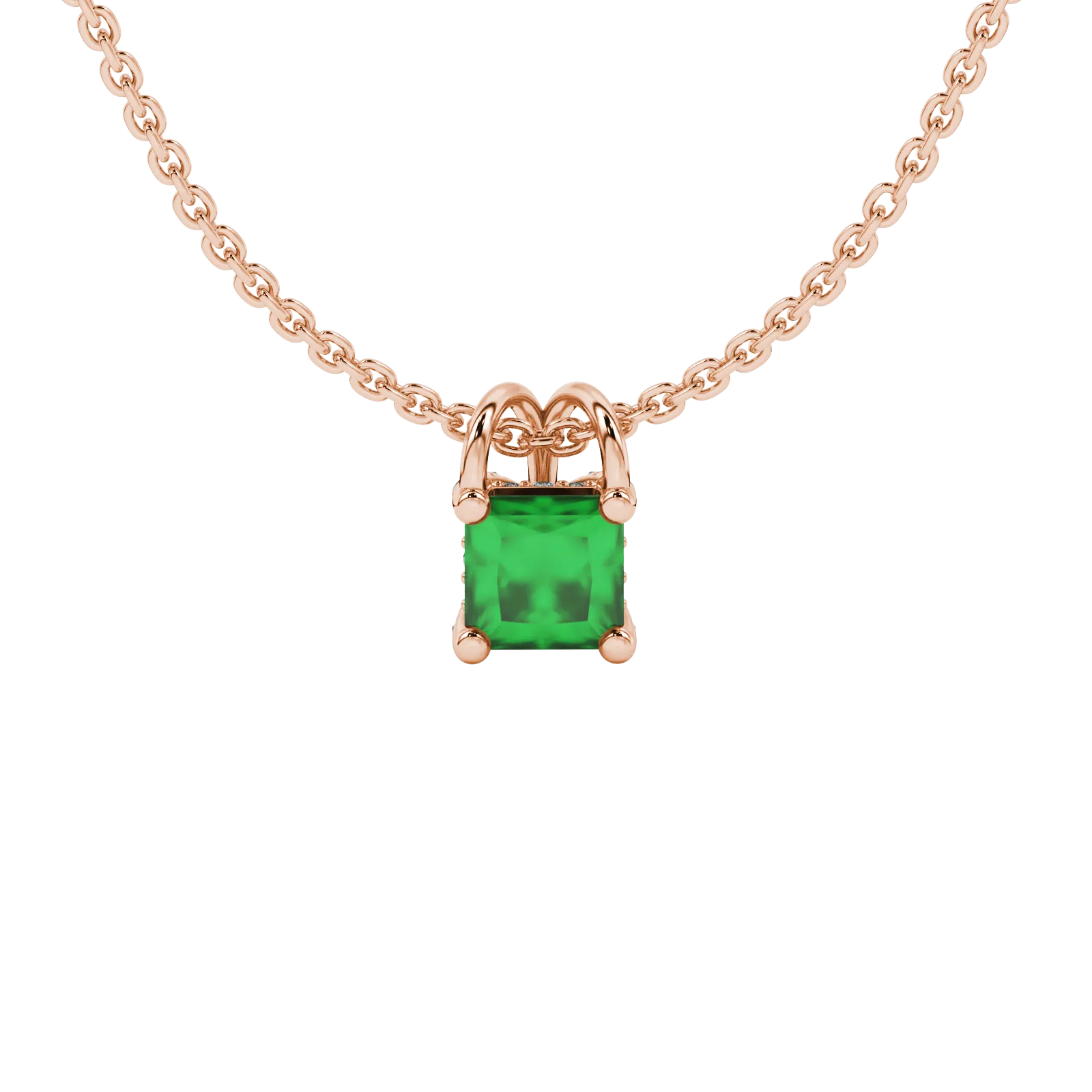 Princess emerald green gemstone pendant, rose gold pavé basket halo.