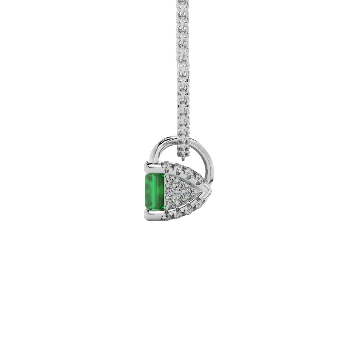Side profile, white gold emerald green pendant, pavé basket gallery.