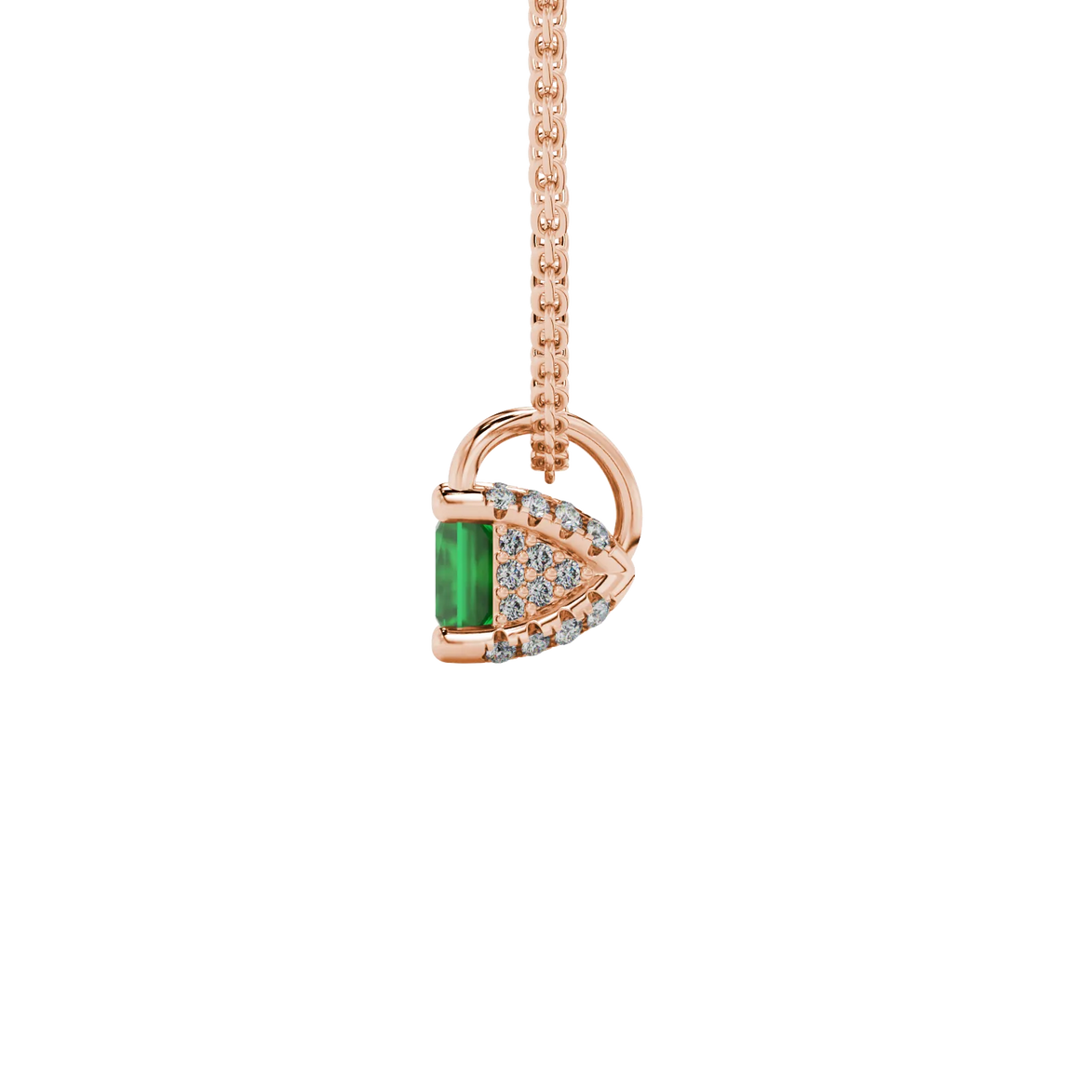 Side profile, rose gold emerald green pendant, pavé basket gallery.