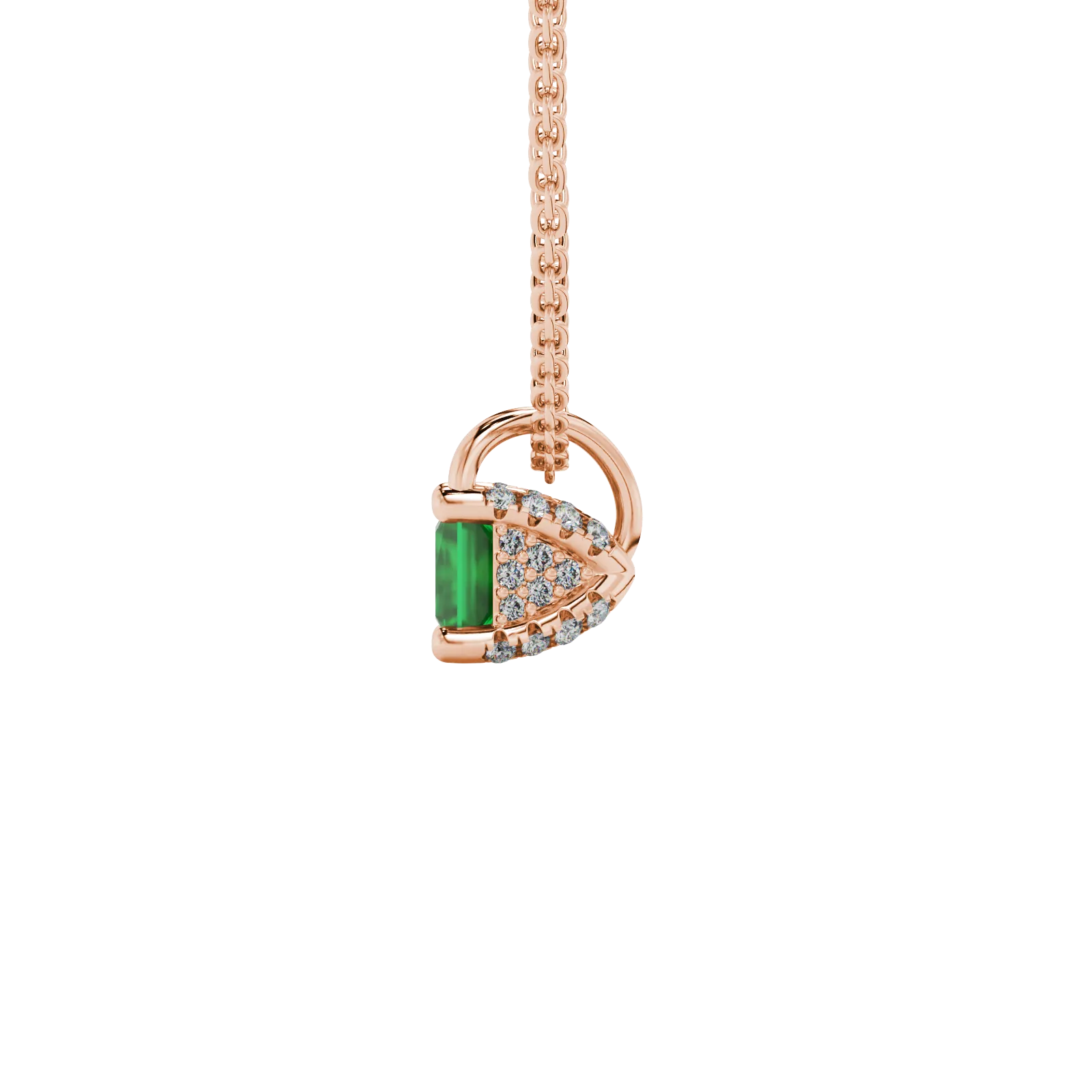 Side profile, rose gold emerald green pendant, pavé basket gallery.