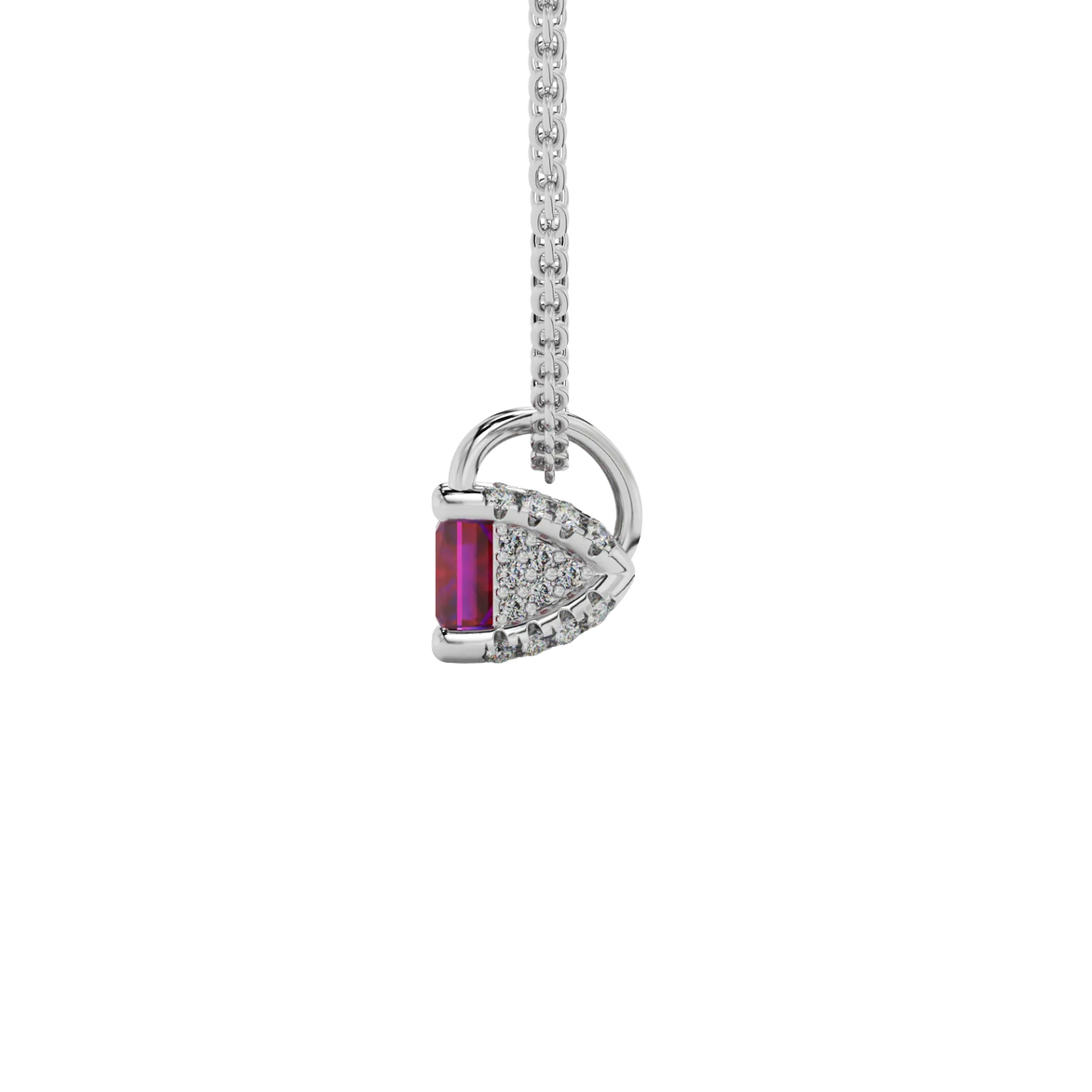 Side profile, white gold raspberry red pendant, pavé basket gallery.