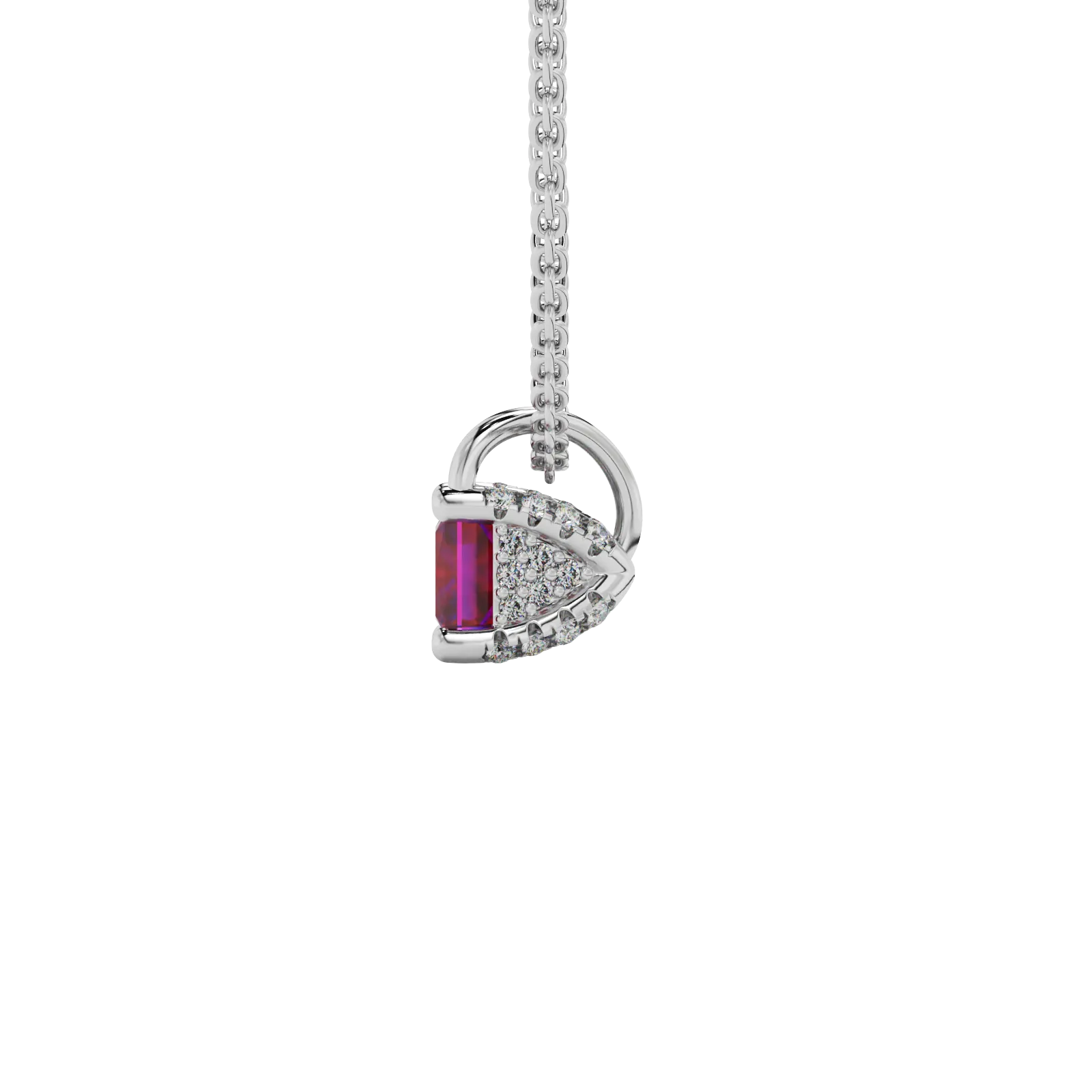 Side profile, white gold raspberry red pendant, pavé basket gallery.