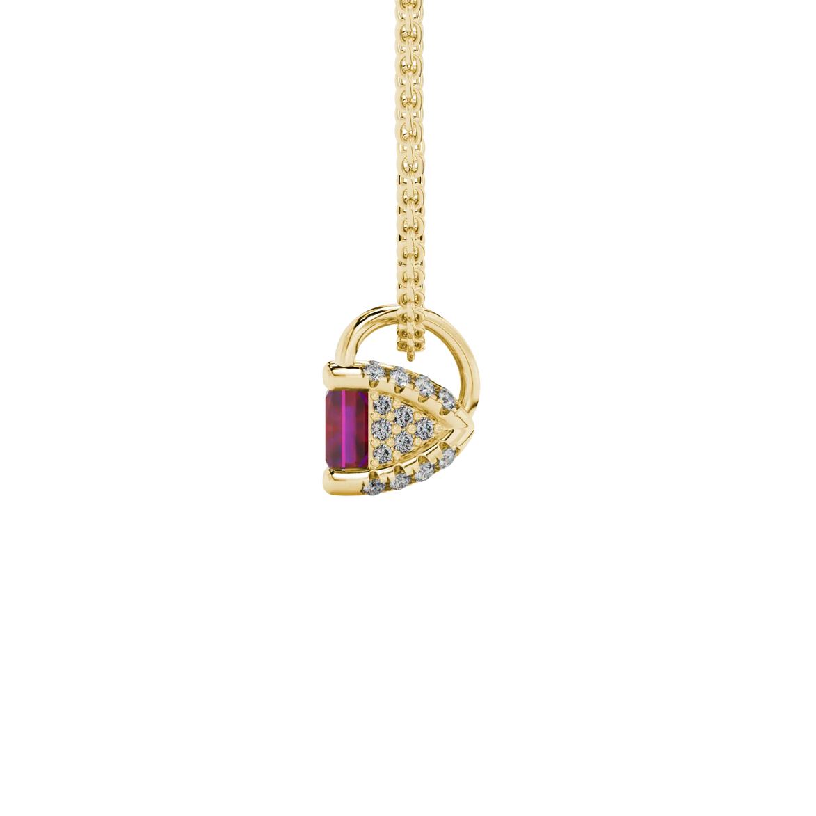 Side profile, yellow gold raspberry red pendant, pavé basket gallery.