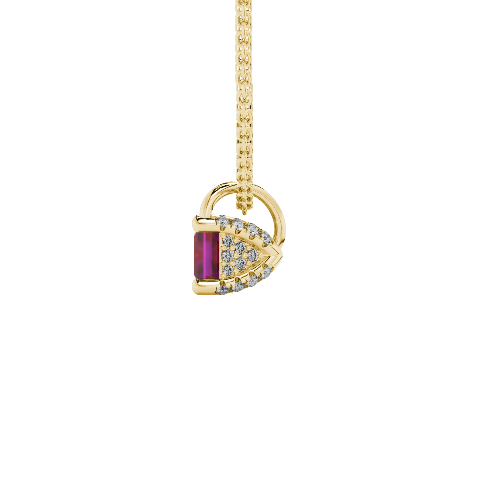 Side profile, yellow gold raspberry red pendant, pavé basket gallery.
