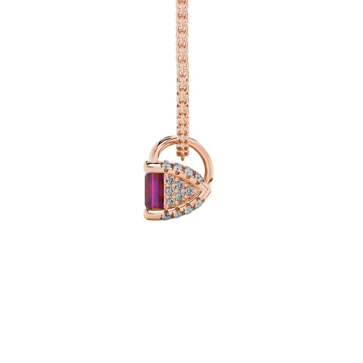 Side profile, rose gold raspberry red pendant, pavé basket gallery.