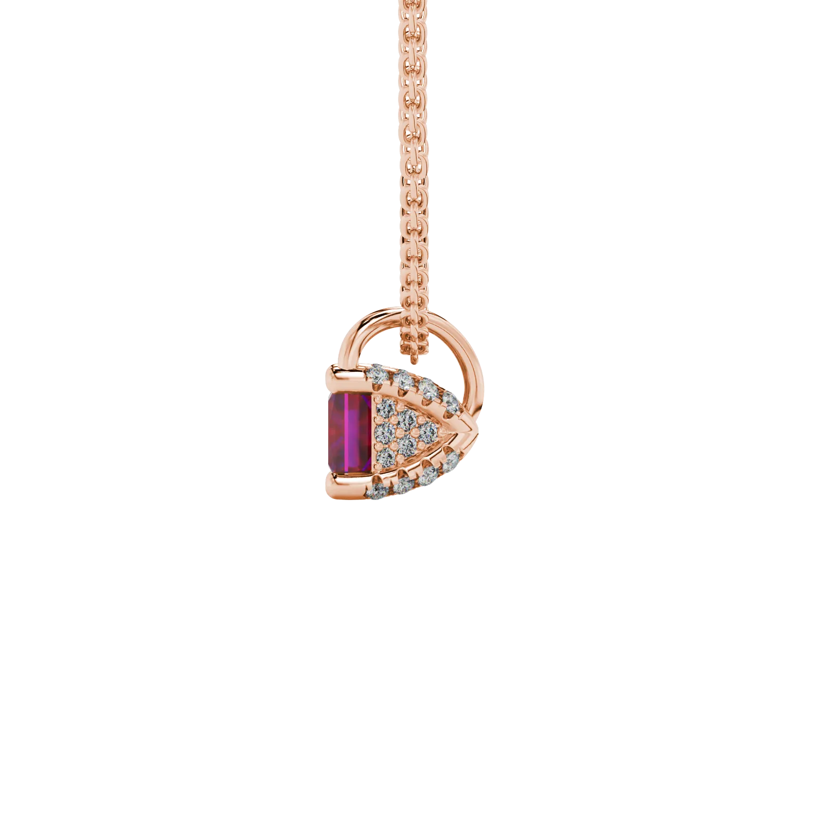 Side profile, rose gold raspberry red pendant, pavé basket gallery.