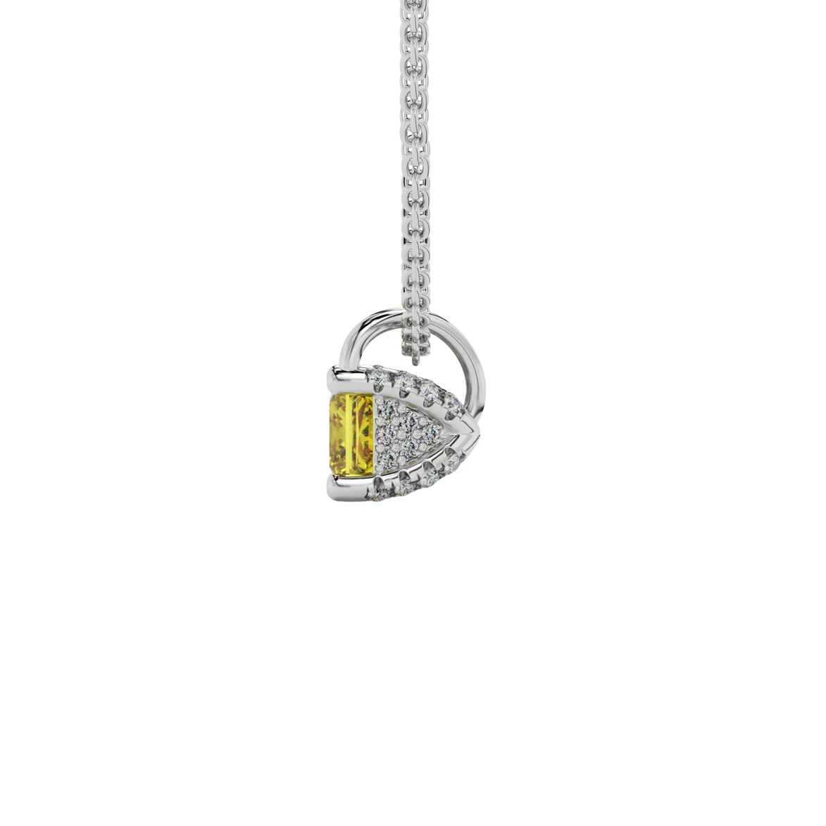 Side profile, white gold canary yellow pendant, pavé basket gallery.