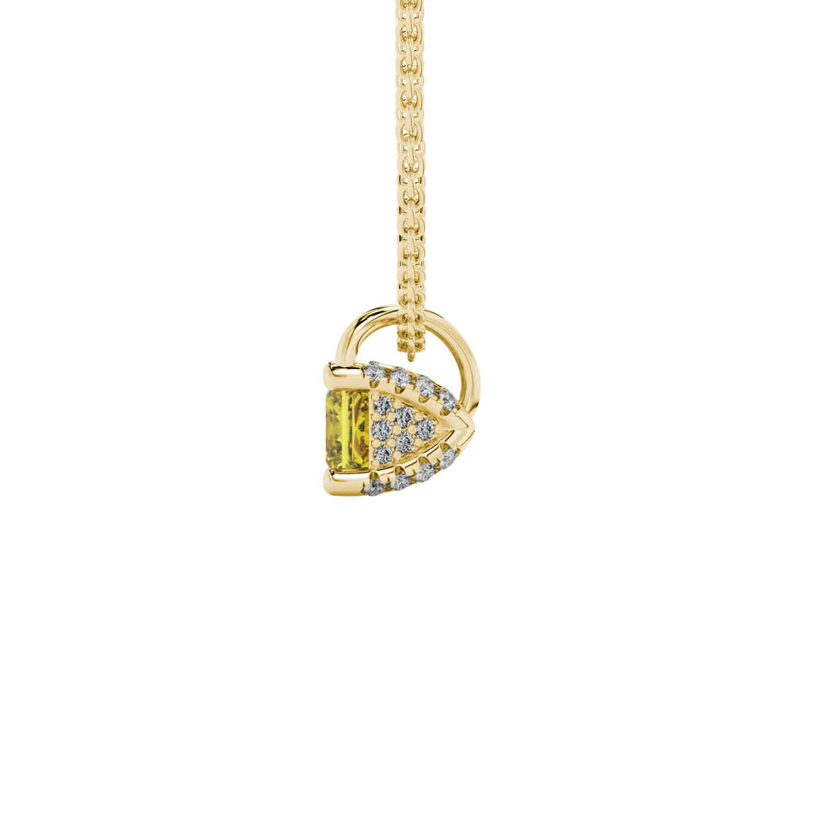 Side profile, yellow gold canary yellow pendant, pavé basket gallery.