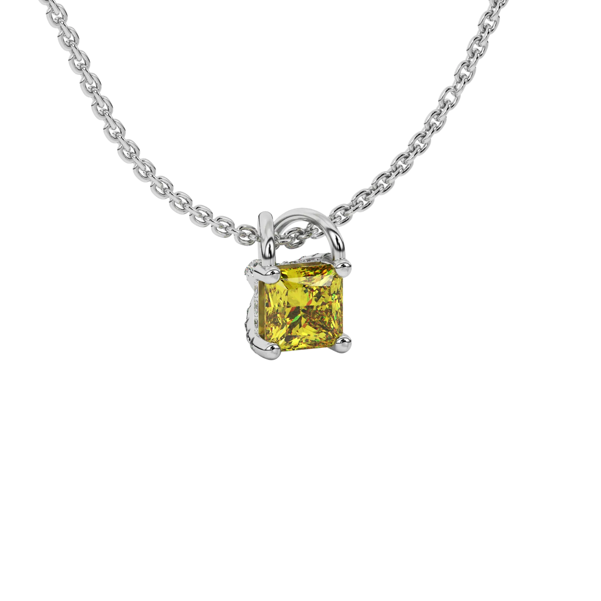 Close-up canary yellow gemstone, white gold basket setting.