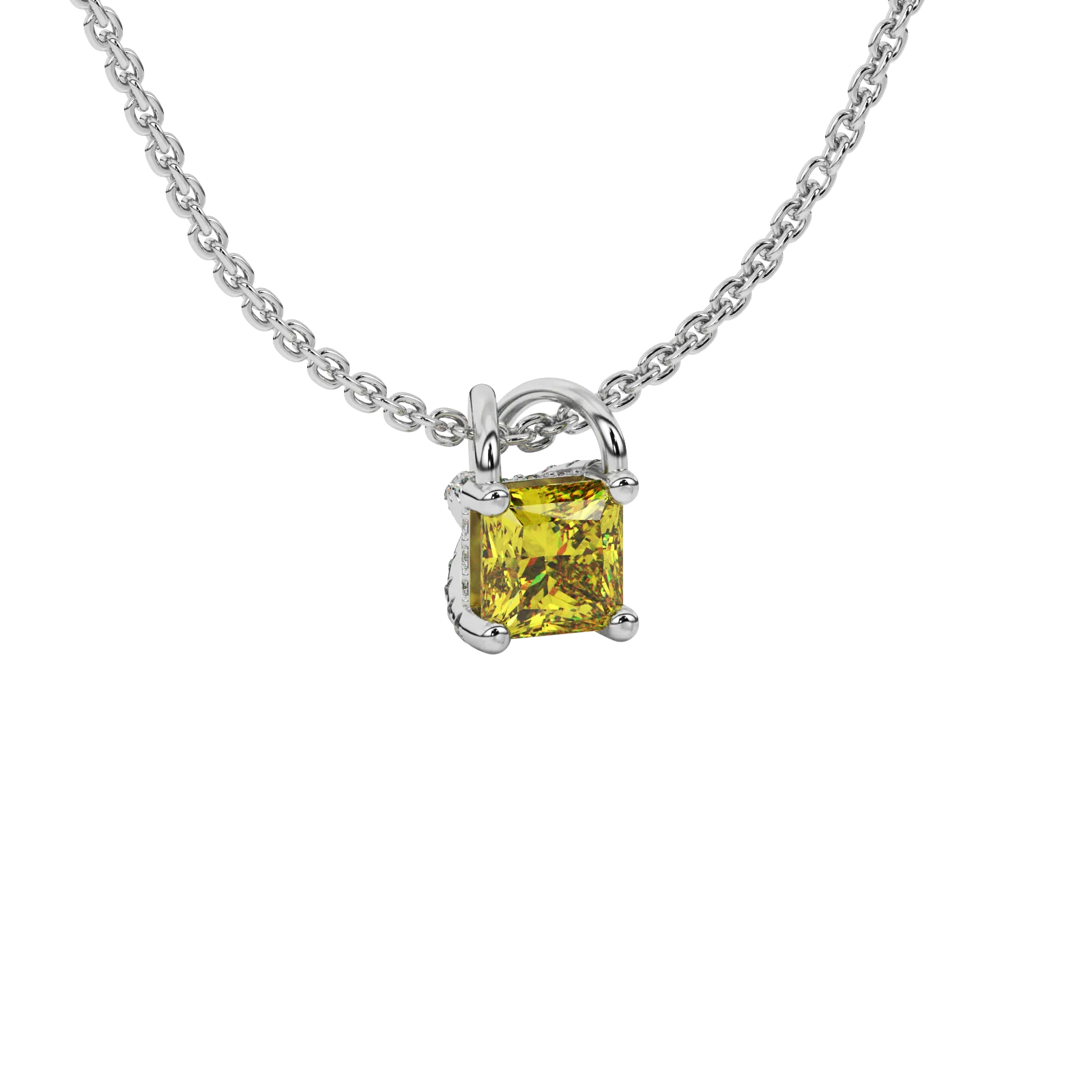 Close-up canary yellow gemstone, white gold basket setting.