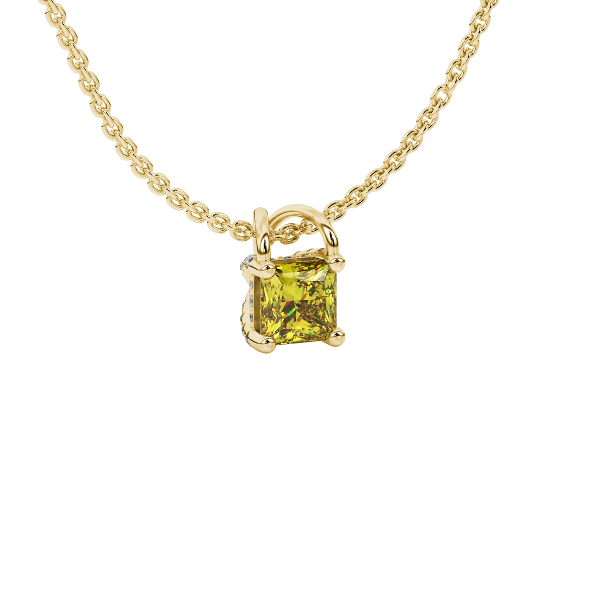Close-up, princess canary yellow gemstone, yellow gold basket pendant.