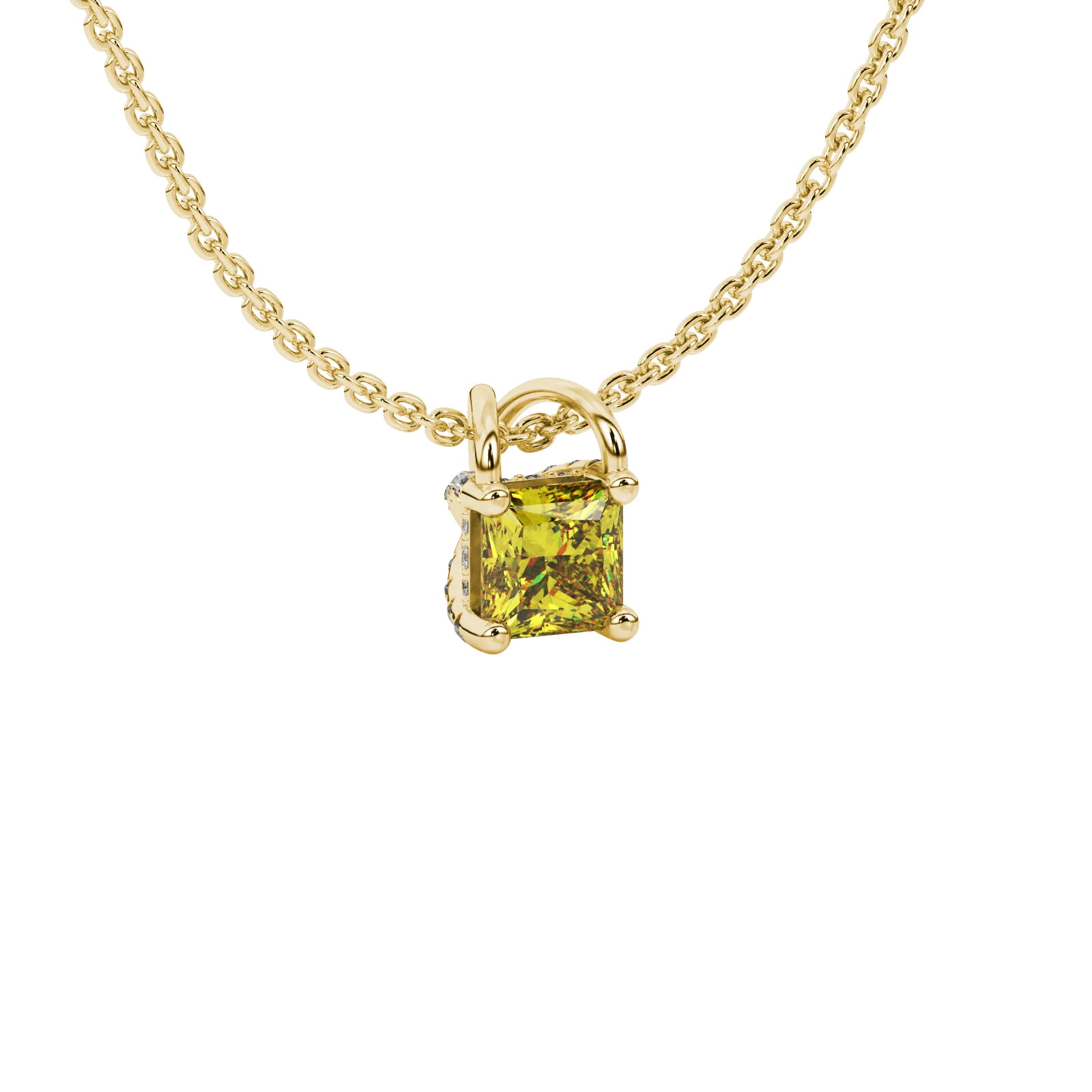 Close-up, princess canary yellow gemstone, yellow gold basket pendant.