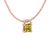 Close-up, princess canary yellow gemstone pendant, rose gold basket setting.