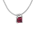 Close-up raspberry red gemstone, white gold basket setting.