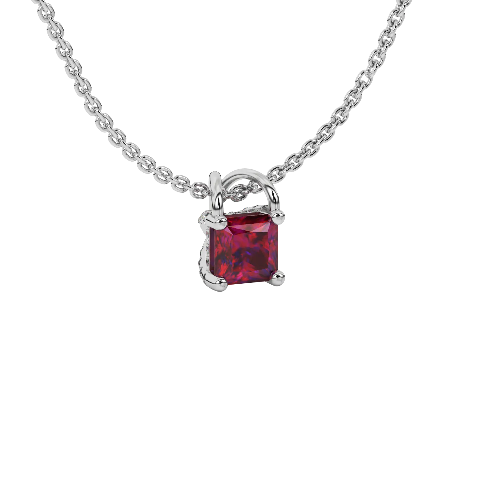Close-up raspberry red gemstone, white gold basket setting.