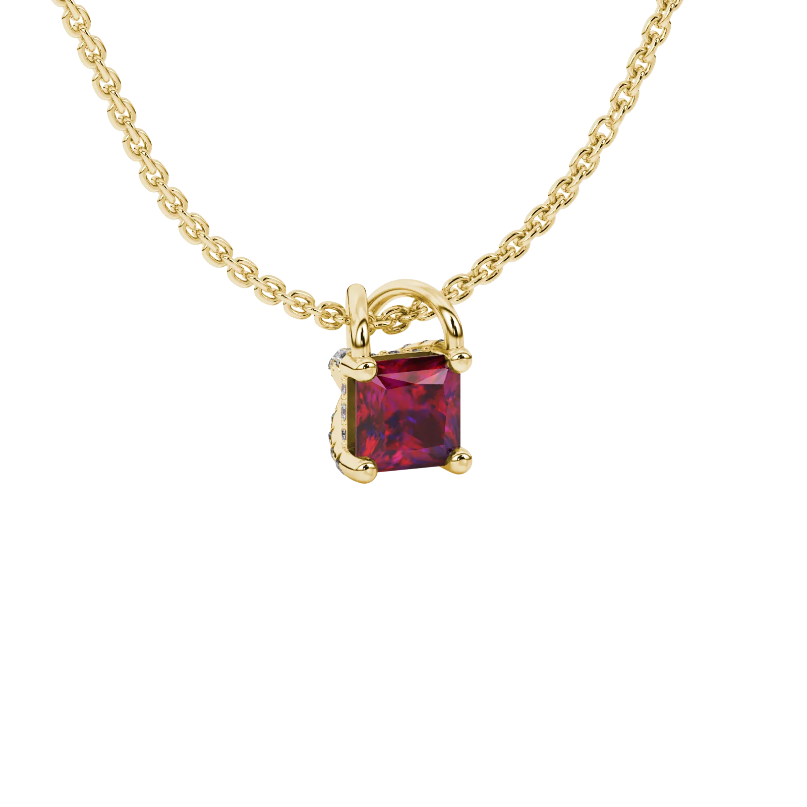 Close-up, princess raspberry red gemstone, yellow gold basket pendant.