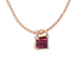 Close-up, princess raspberry red gemstone pendant, rose gold basket setting.