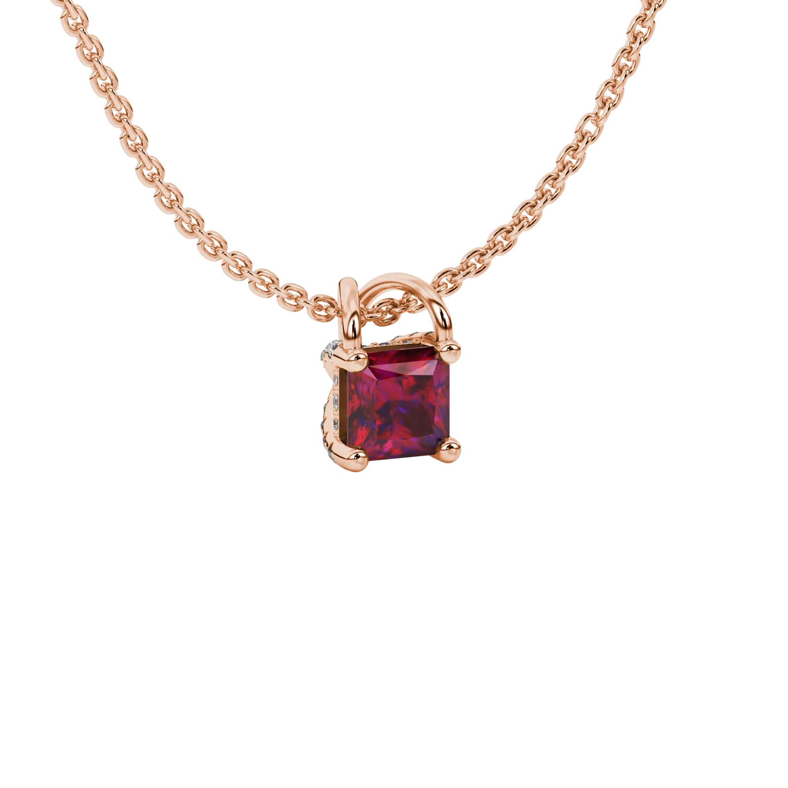 Close-up, princess raspberry red gemstone pendant, rose gold basket setting.