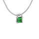 Close-up emerald green gemstone, white gold basket setting.