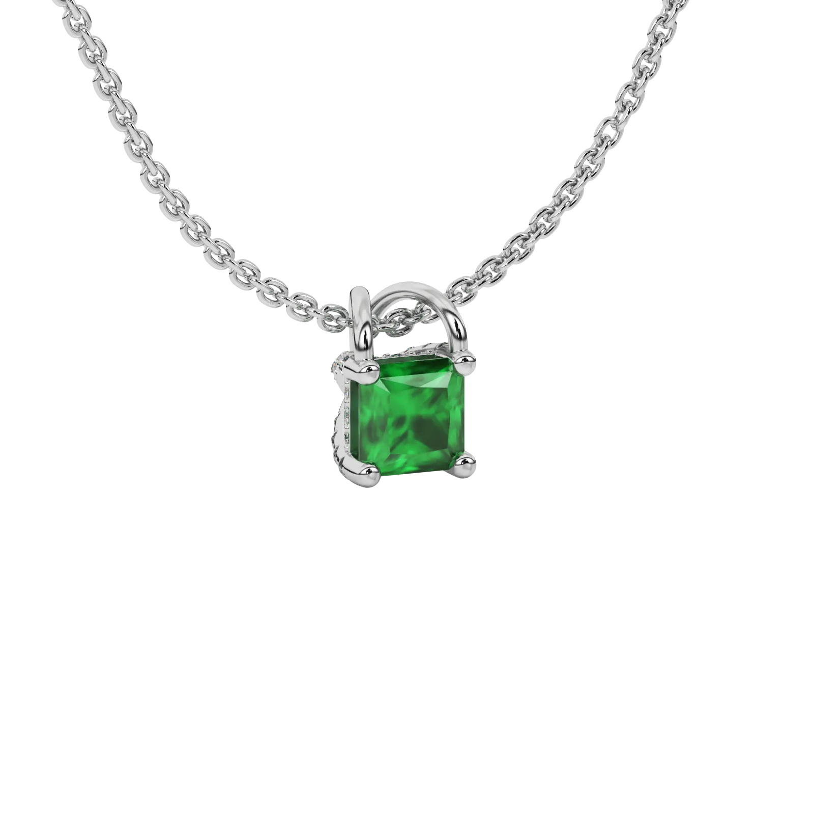 Close-up emerald green gemstone, white gold basket setting.