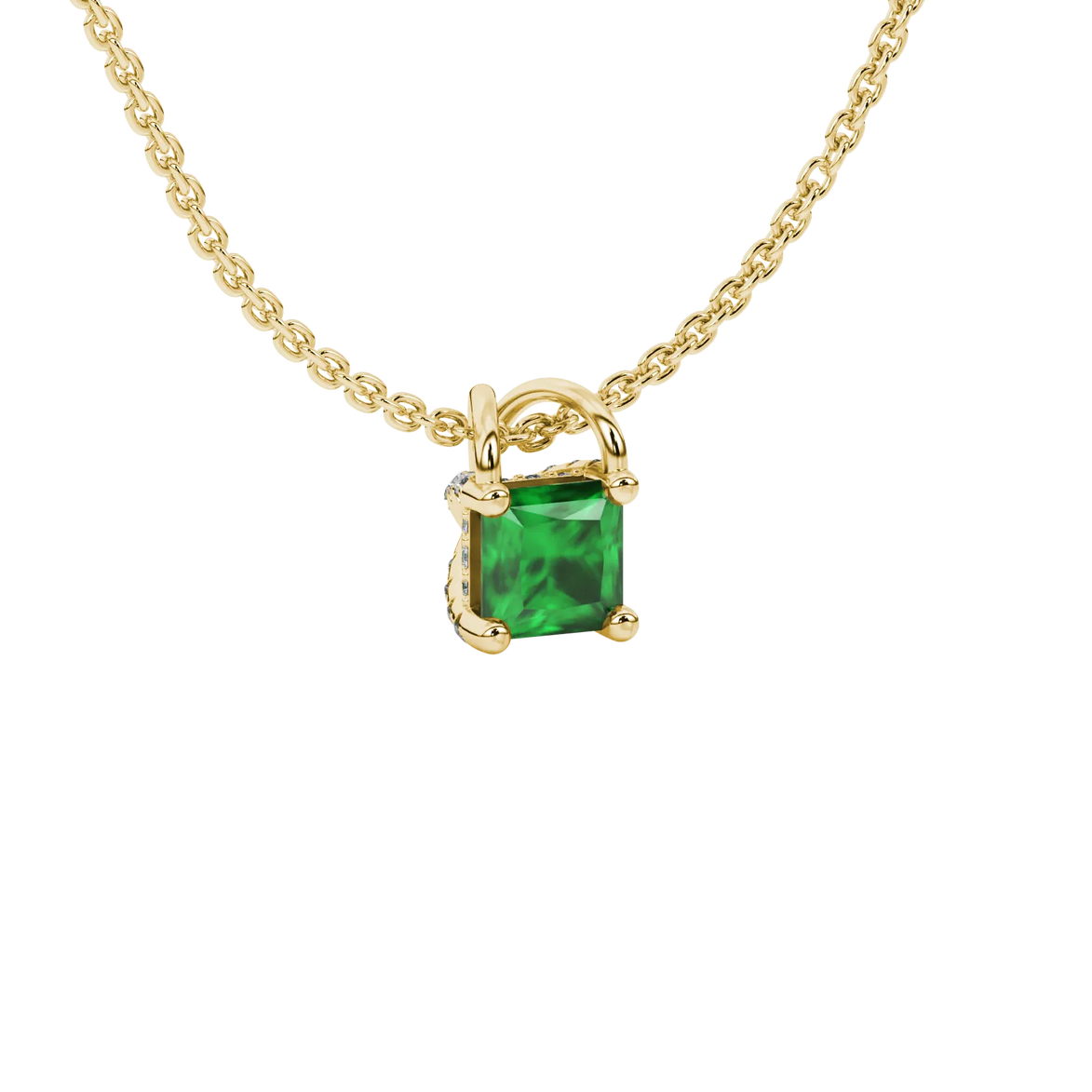 Close-up, princess emerald green gemstone, yellow gold basket pendant.
