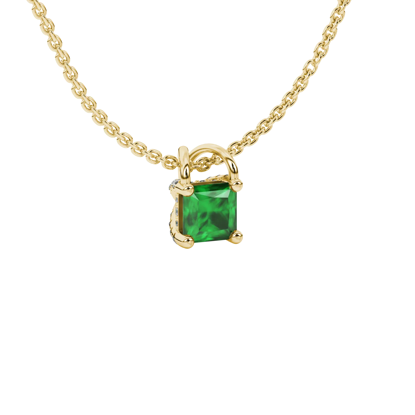 Close-up, princess emerald green gemstone, yellow gold basket pendant.