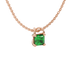 Close-up, princess emerald green gemstone pendant, rose gold basket setting.