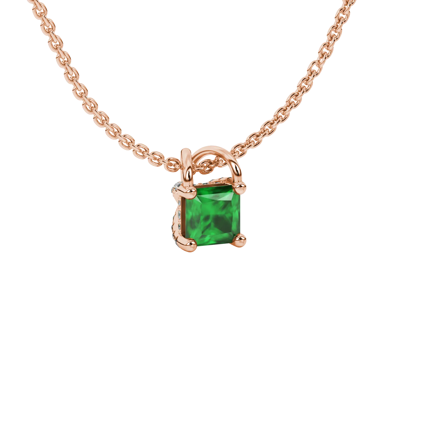 Close-up, princess emerald green gemstone pendant, rose gold basket setting.
