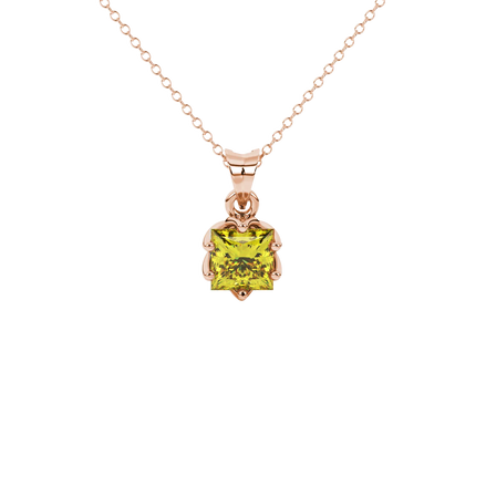 Princess canary yellow gemstone pendant, rose gold scalloped six-prong setting.