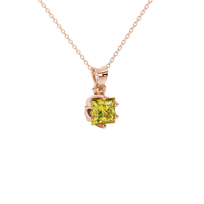 Close-up, princess canary yellow gemstone pendant, rose gold scalloped setting.