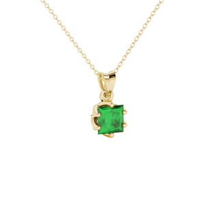 Close-up, princess emerald green gemstone, yellow gold scalloped pendant.