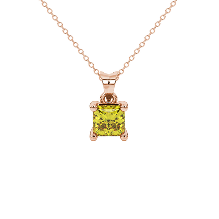 Princess canary yellow gemstone pendant, rose gold surprise diamond setting.