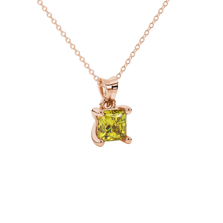 Close-up, princess canary yellow gemstone pendant, rose gold surprise setting.
