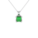 Princess emerald green gemstone pendant, white gold tulip basket setting.