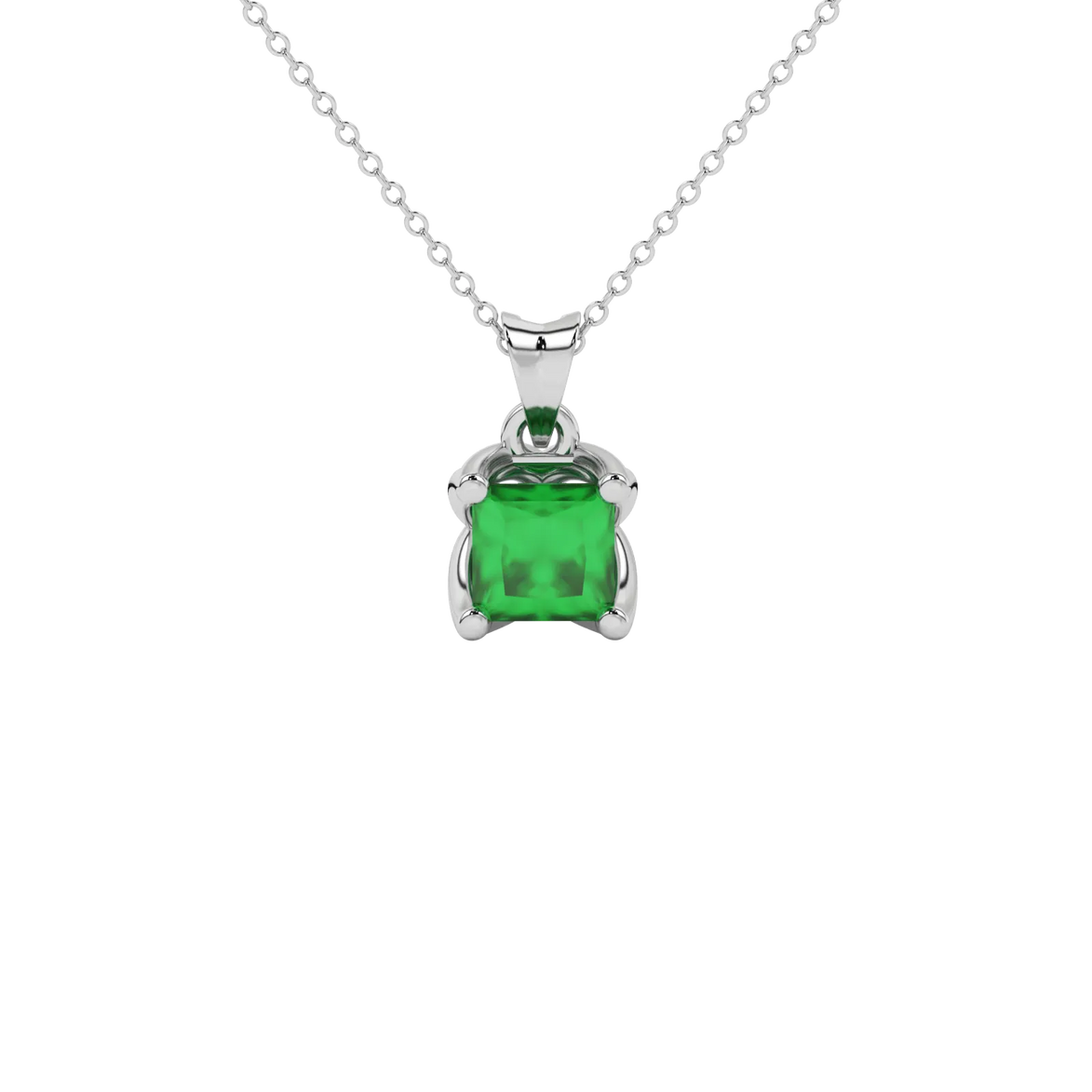Princess emerald green gemstone pendant, white gold tulip basket setting.