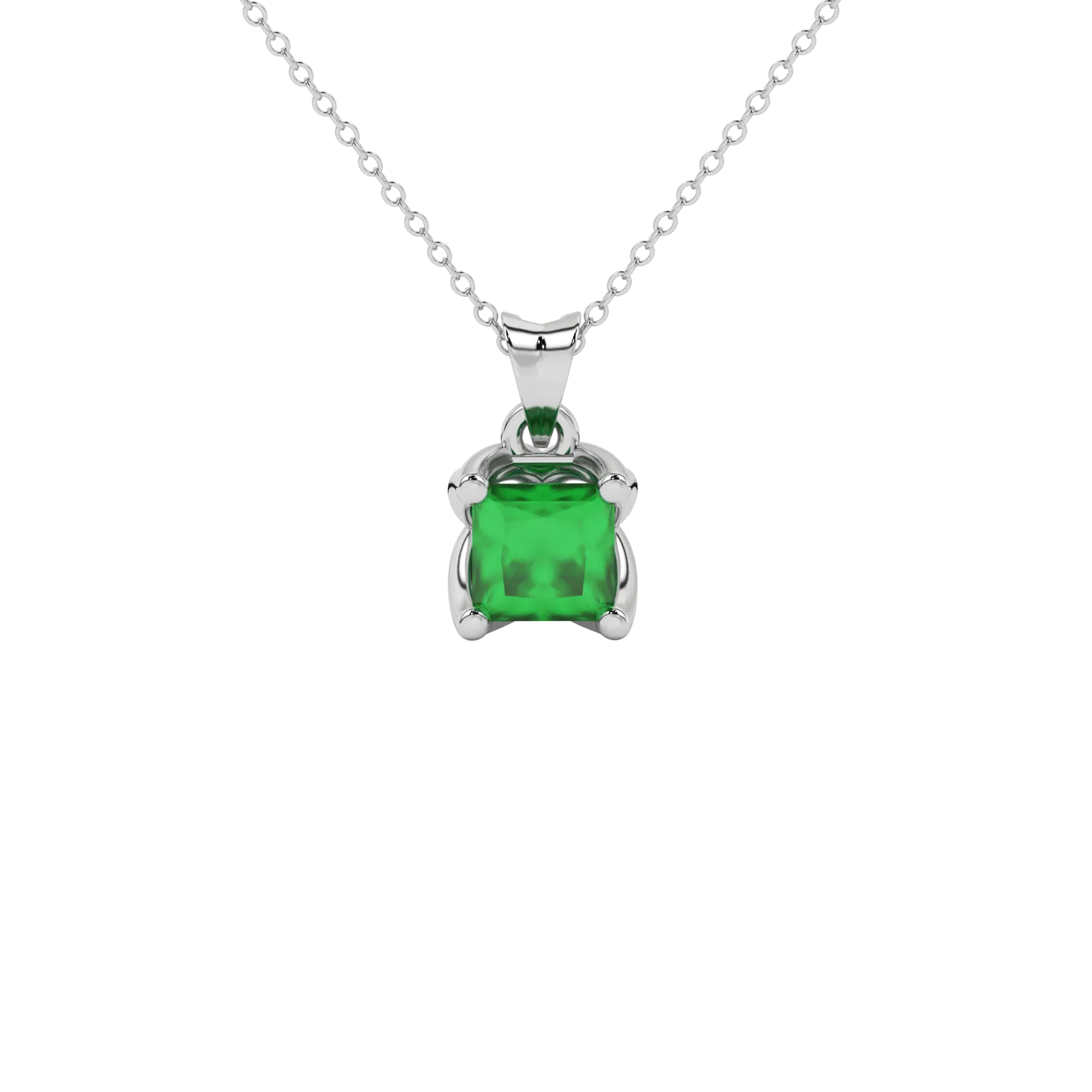 Princess emerald green gemstone pendant, white gold tulip basket setting.